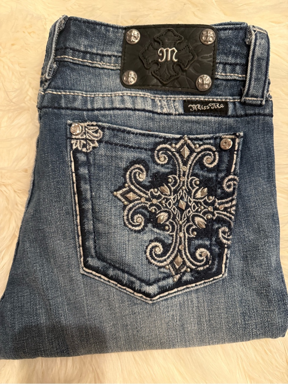 Miss Me Blue Embroidered Boot Cut Jeans with Silver Accents
